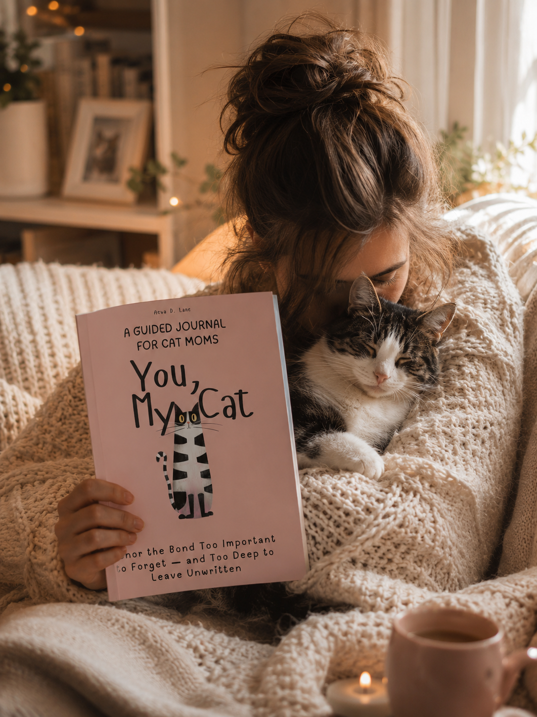 Cat mom journaling with her cat nearby — You, My Cat guided journal